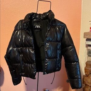 Zara Shiny Black Puffer Coat